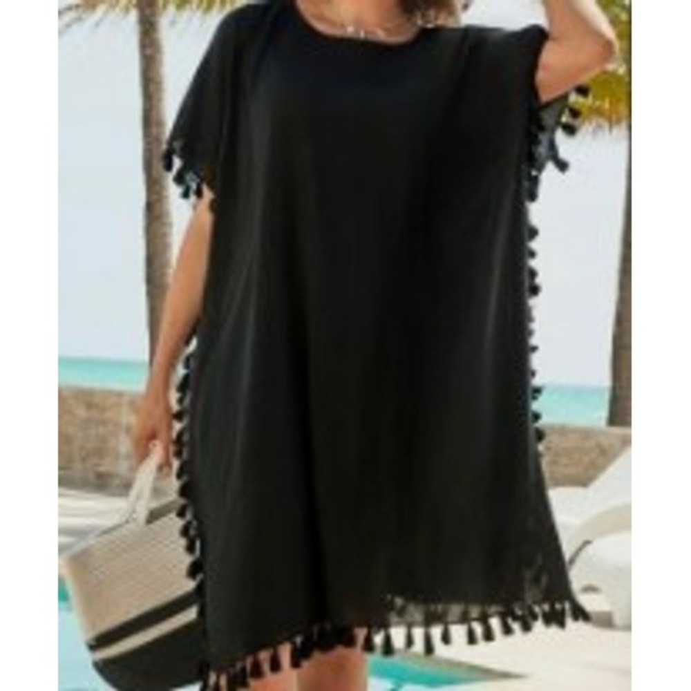 Wave Zone Womens Swim Cover Up 2X Black Pom Pom Boho Beach Kaftan Whimsigoth
